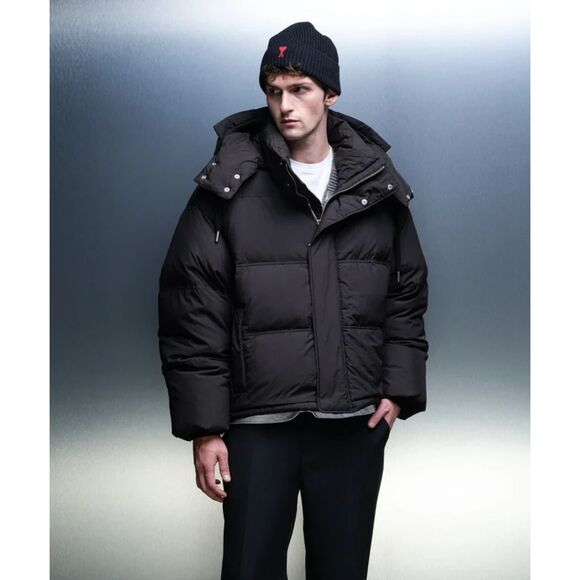 AMI Coat Mens Large Black Zip Up Hooded Oversized Puffer Down Jacket Logo $1495 - Picture 1 of 13